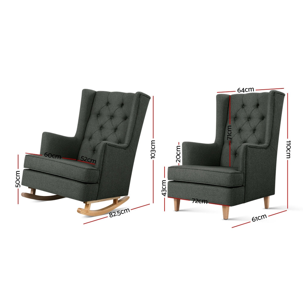 Artiss Rocking Chair Armchair Linen Fabric Charcoal Gaia UPHO-C-AVAN-KD-CH-AB