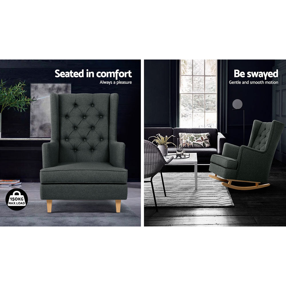 Artiss Rocking Chair Armchair Linen Fabric Charcoal Gaia UPHO-C-AVAN-KD-CH-AB