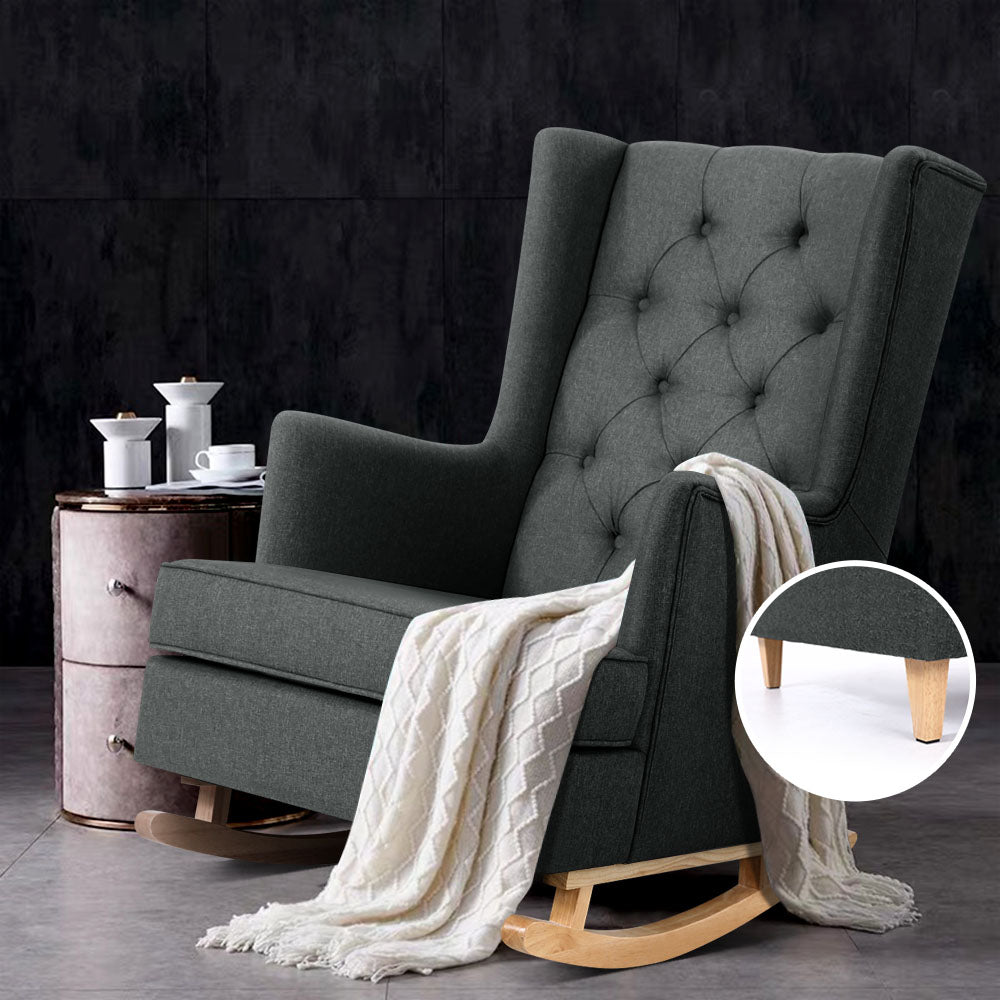 Artiss Rocking Chair Armchair Linen Fabric Charcoal Gaia UPHO-C-AVAN-KD-CH-AB