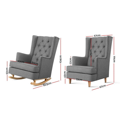 Artiss Rocking Chair Armchair Linen Fabric Grey Gaia UPHO-C-AVAN-KD-GY-AB