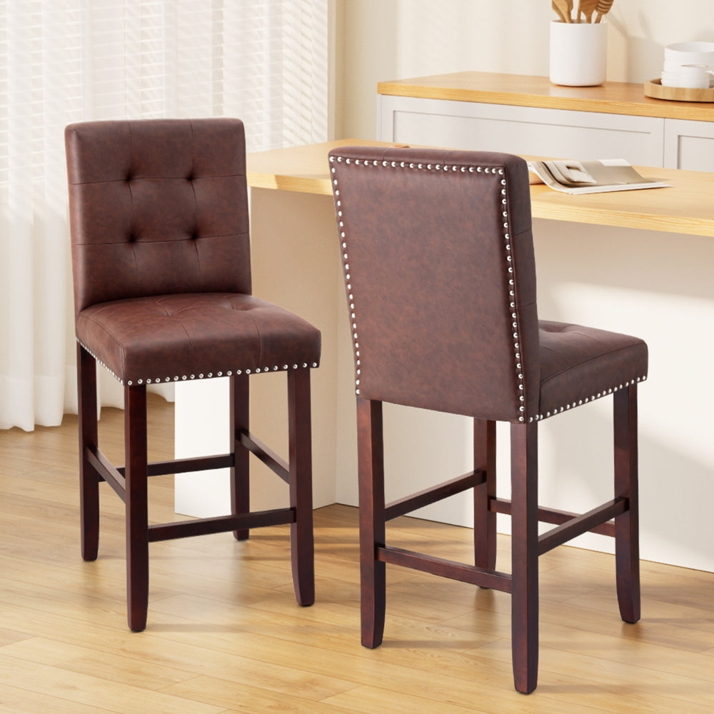 Artiss 2x Bar Stools Kitchen Dining Chairs Counter PU Leather Wooden Ada Brown UPHO-C-BAR-2501-BRX2