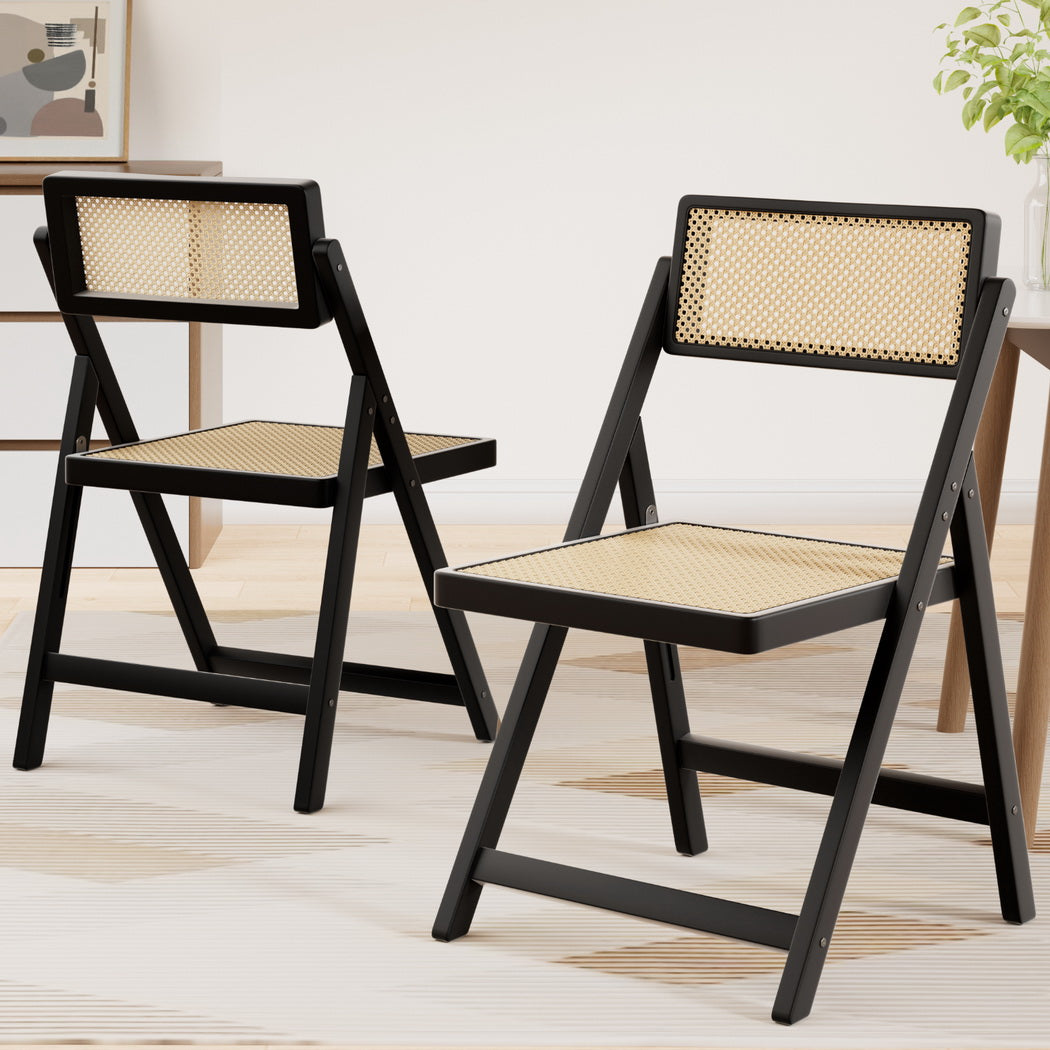 Artiss 2x Dining Chairs Wooden Rattan Foldable Black UPHO-C-DIN-01-RAT-BKX2