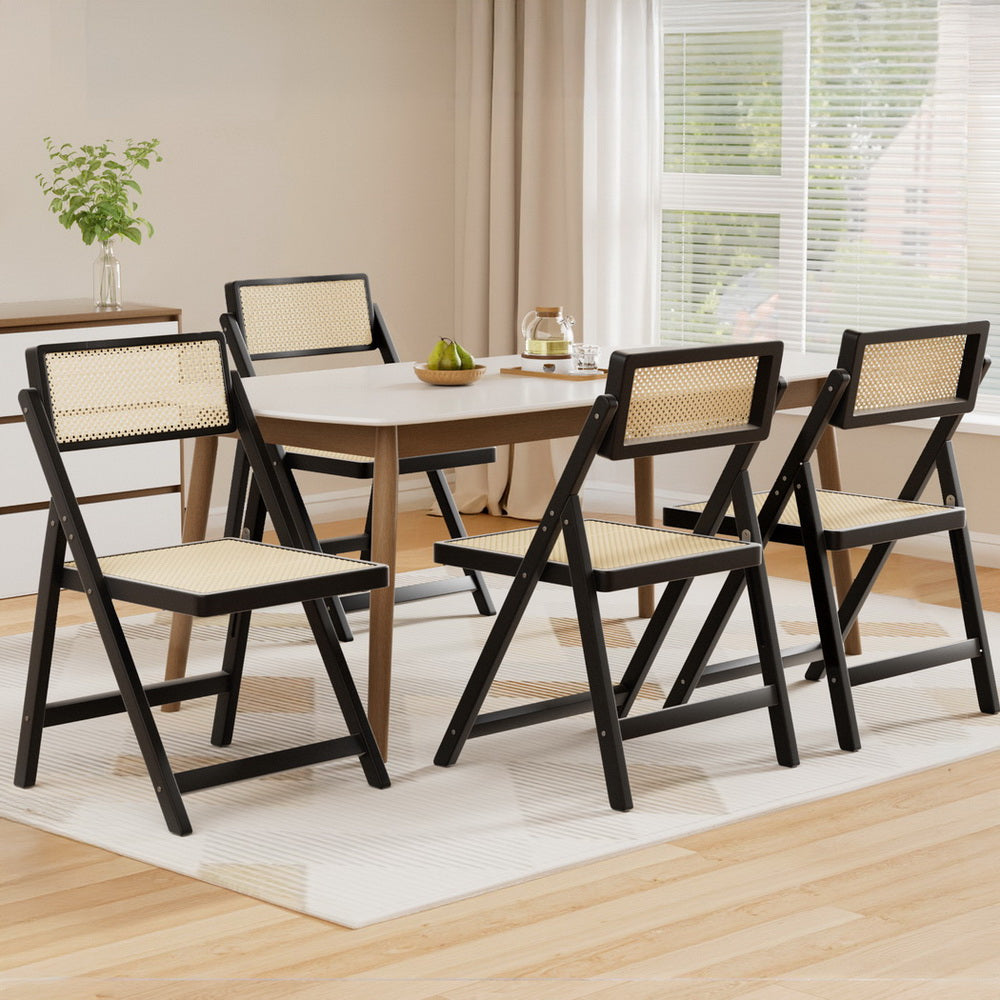 Artiss 4x Dining Chairs Wooden Rattan Foldable Black UPHO-C-DIN-01-RAT-BKX4