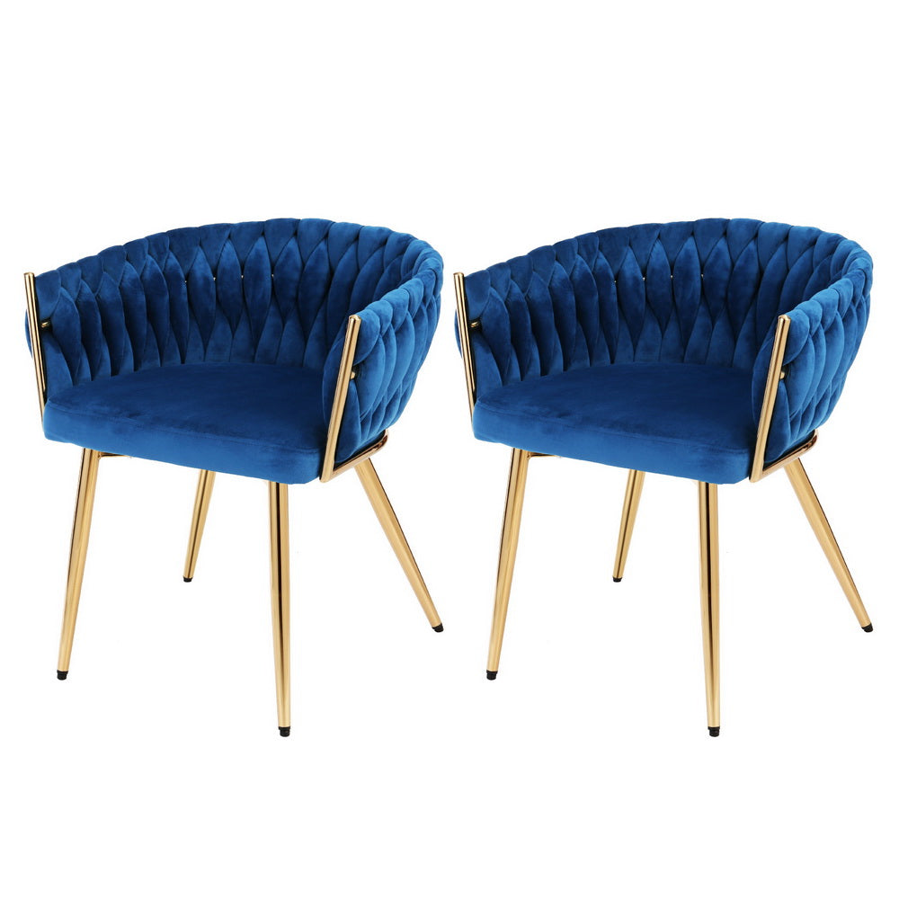 1 Set of 2 Artiss Dining Chairs Velvet Weaving Armchair Blue UPHO-C-DIN-01-VEL-BLX2