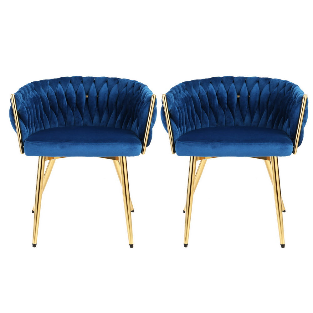1 Set of 2 Artiss Dining Chairs Velvet Weaving Armchair Blue UPHO-C-DIN-01-VEL-BLX2