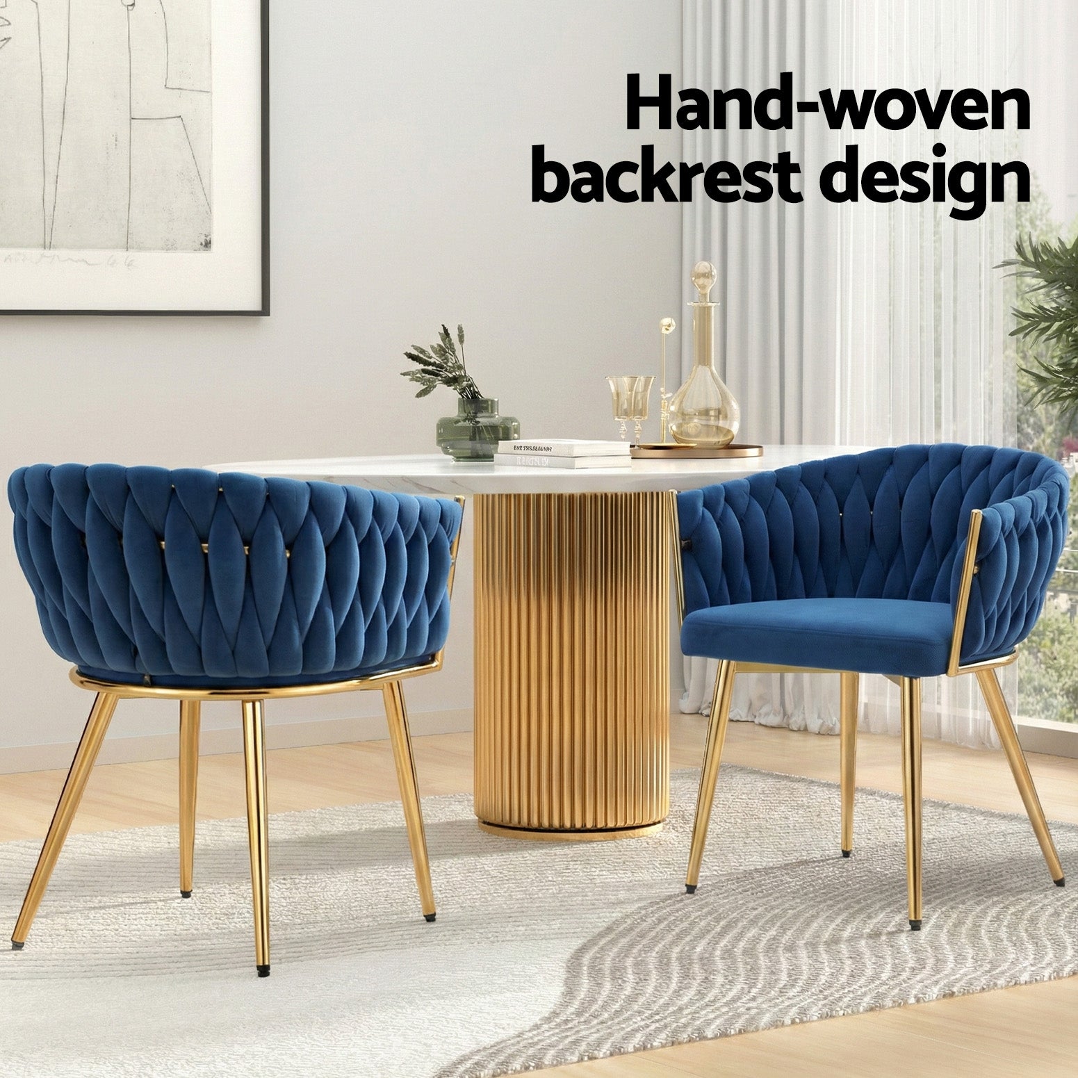 1 Set of 4 Artiss Dining Chairs Velvet Weaving Armchair Blue UPHO-C-DIN-01-VEL-BLX4