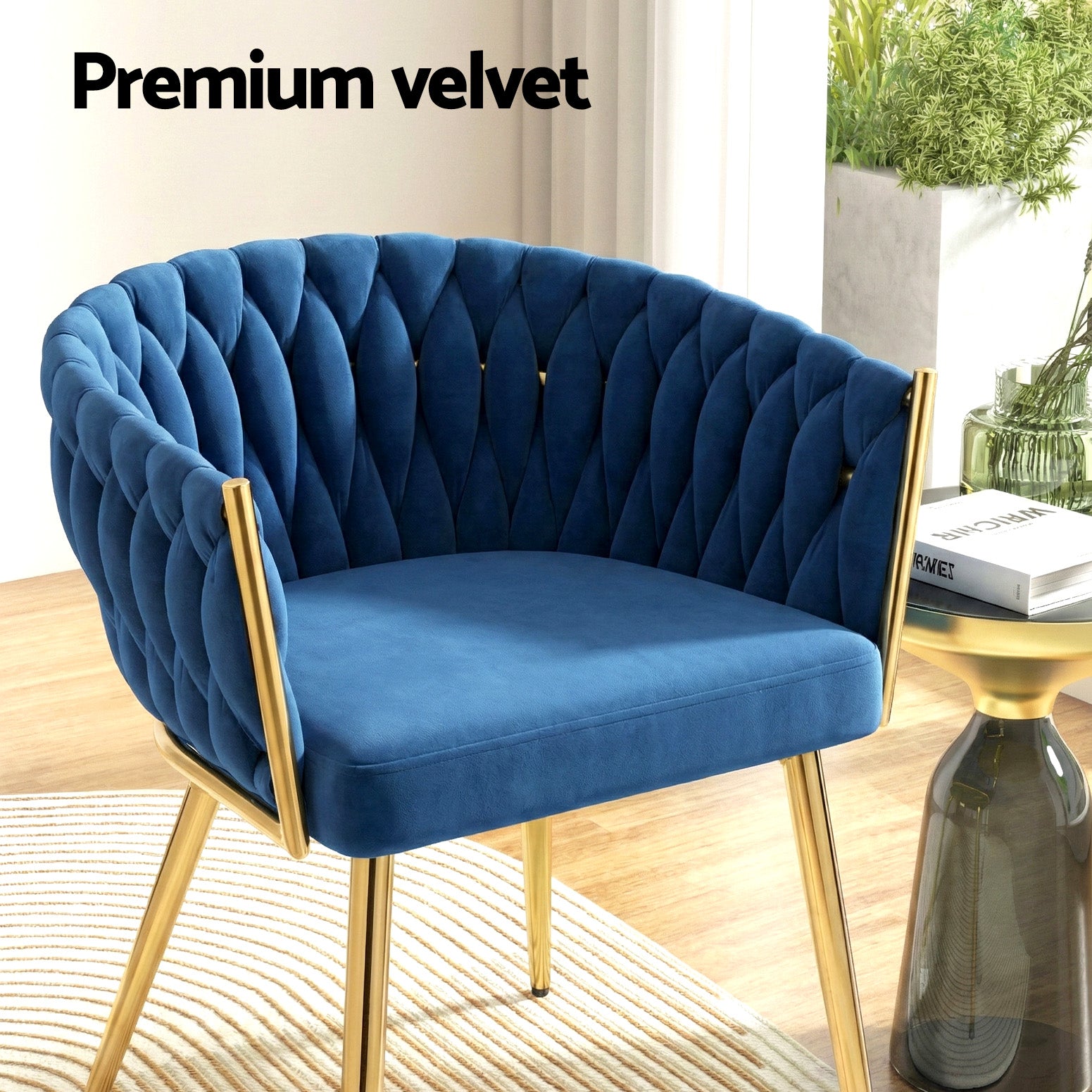 1 Set of 4 Artiss Dining Chairs Velvet Weaving Armchair Blue UPHO-C-DIN-01-VEL-BLX4