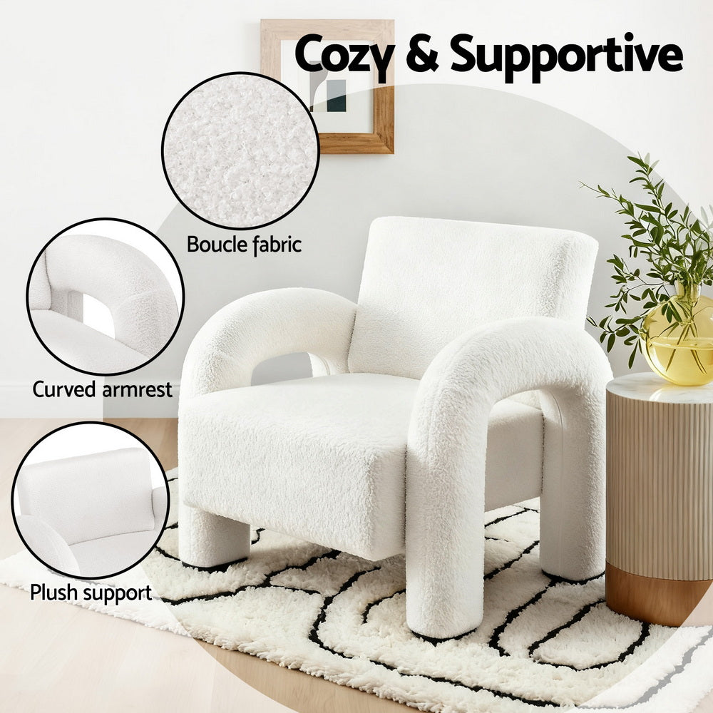 Artiss Armchair Accent Chair Lounge Sofa Couch Curved Seat Boucle White UPHO-E-ARM-03-TED-WH