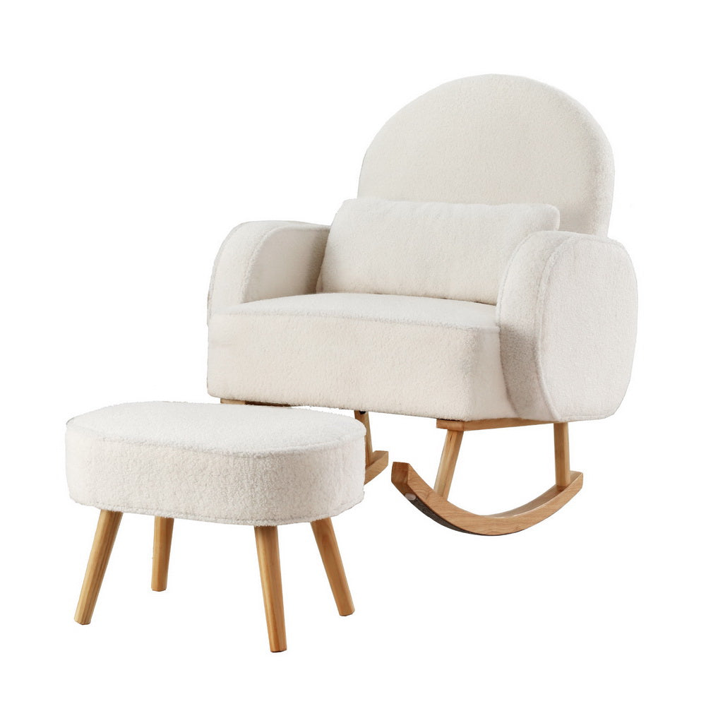 Artiss Armchair Rocking Chair Ottoman Lounge Footrest Round Nursing Boucle White UPHO-E-ROCK01-FS-WH