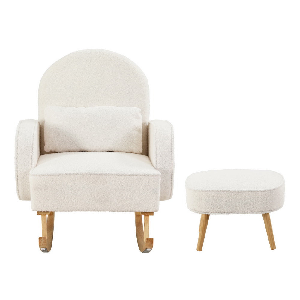 Artiss Armchair Rocking Chair Ottoman Lounge Footrest Round Nursing Boucle White UPHO-E-ROCK01-FS-WH