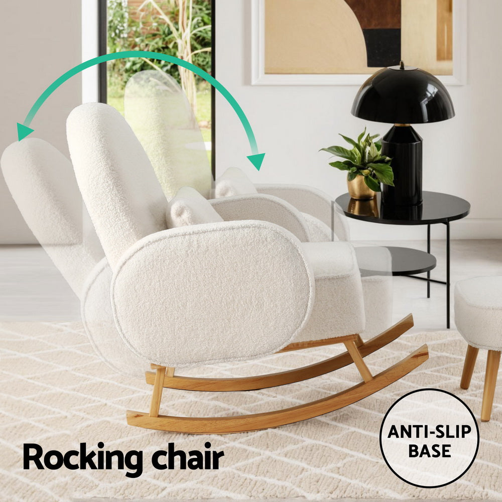 Artiss Armchair Rocking Chair Ottoman Lounge Footrest Round Nursing Boucle White UPHO-E-ROCK01-FS-WH