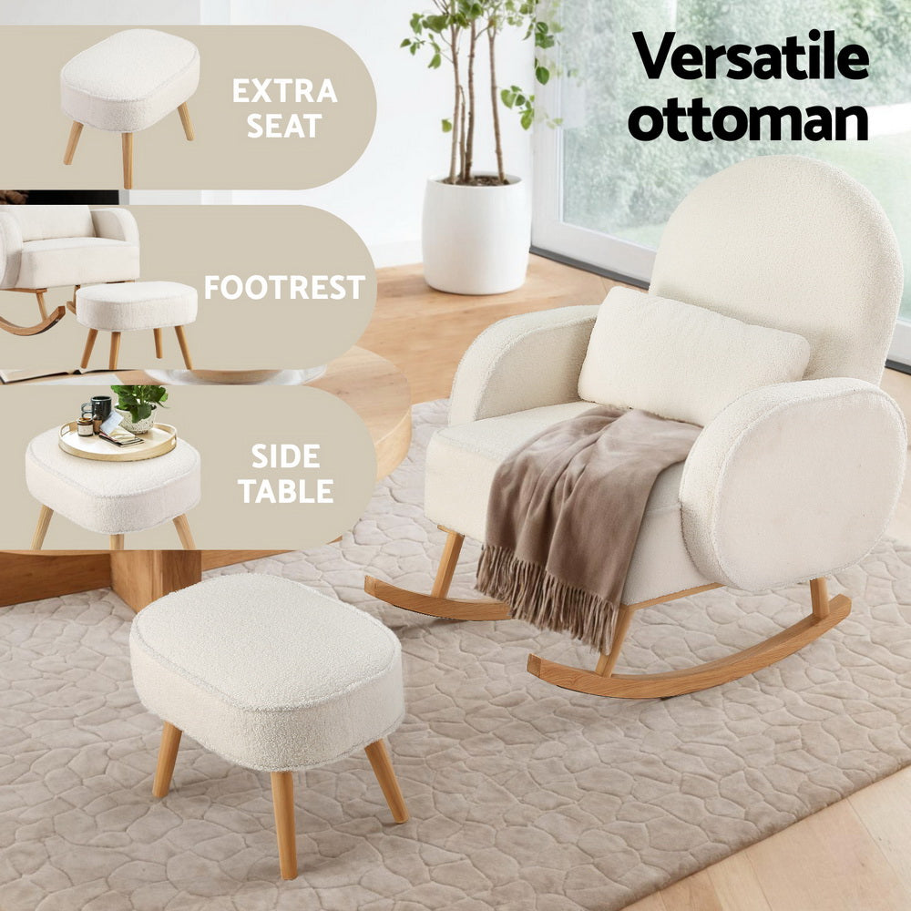 Artiss Armchair Rocking Chair Ottoman Lounge Footrest Round Nursing Boucle White UPHO-E-ROCK01-FS-WH