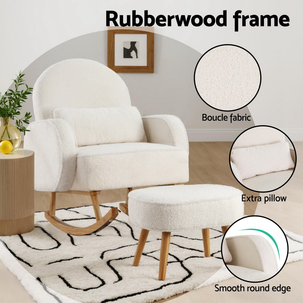 Artiss Armchair Rocking Chair Ottoman Lounge Footrest Round Nursing Boucle White UPHO-E-ROCK01-FS-WH