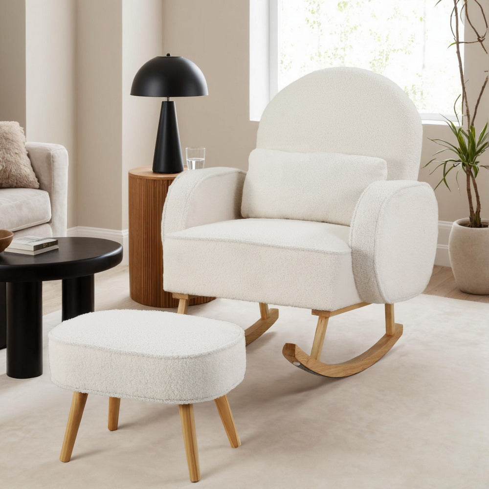 Artiss Armchair Rocking Chair Ottoman Lounge Footrest Round Nursing Boucle White UPHO-E-ROCK01-FS-WH