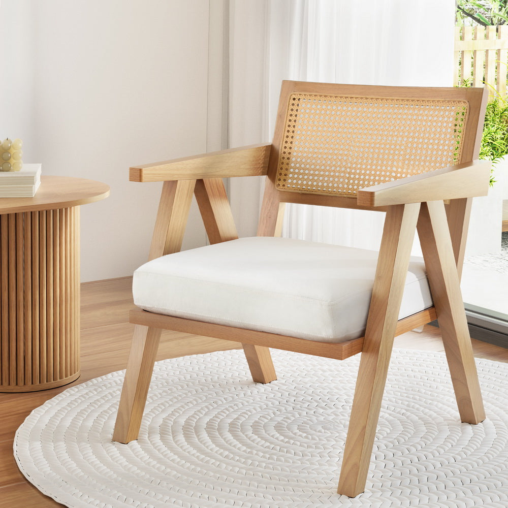 Artiss Armchair Accent Chair Lounge Rattan Velvet Pine UPHO-F-ARM-02-RAT-WDWH
