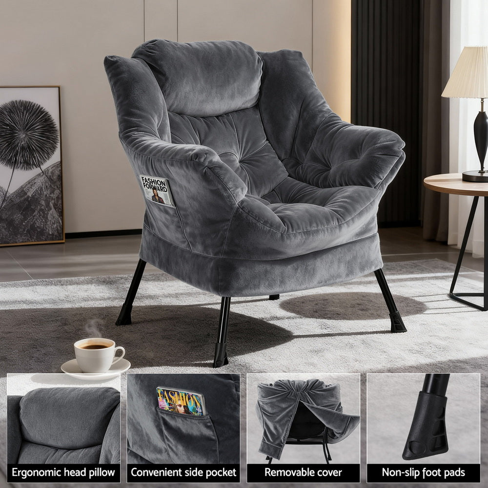 Artiss Armchair Accent Chair Ottoman Lounge Footrest Velvet Grey UPHO-I-ARM01-FS-GY