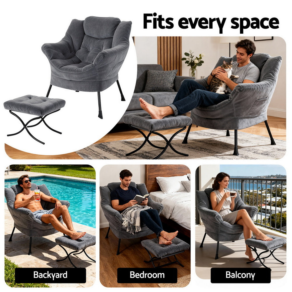Artiss Armchair Accent Chair Ottoman Lounge Footrest Velvet Grey UPHO-I-ARM01-FS-GY