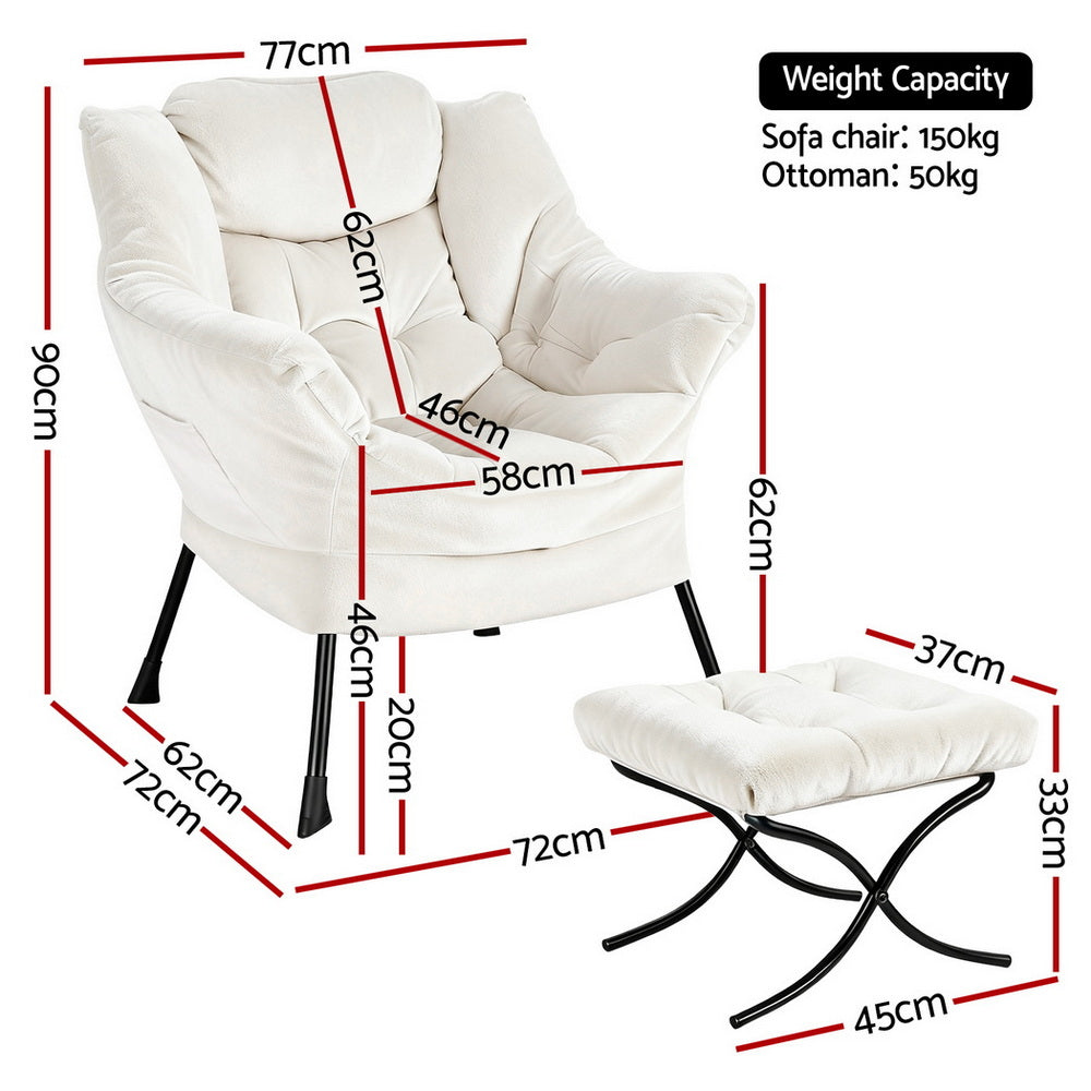 Artiss Armchair Accent Chair Ottoman Lounge Footrest Velvet White UPHO-I-ARM01-FS-WH