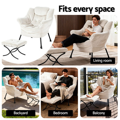 Artiss Armchair Accent Chair Ottoman Lounge Footrest Velvet White UPHO-I-ARM01-FS-WH