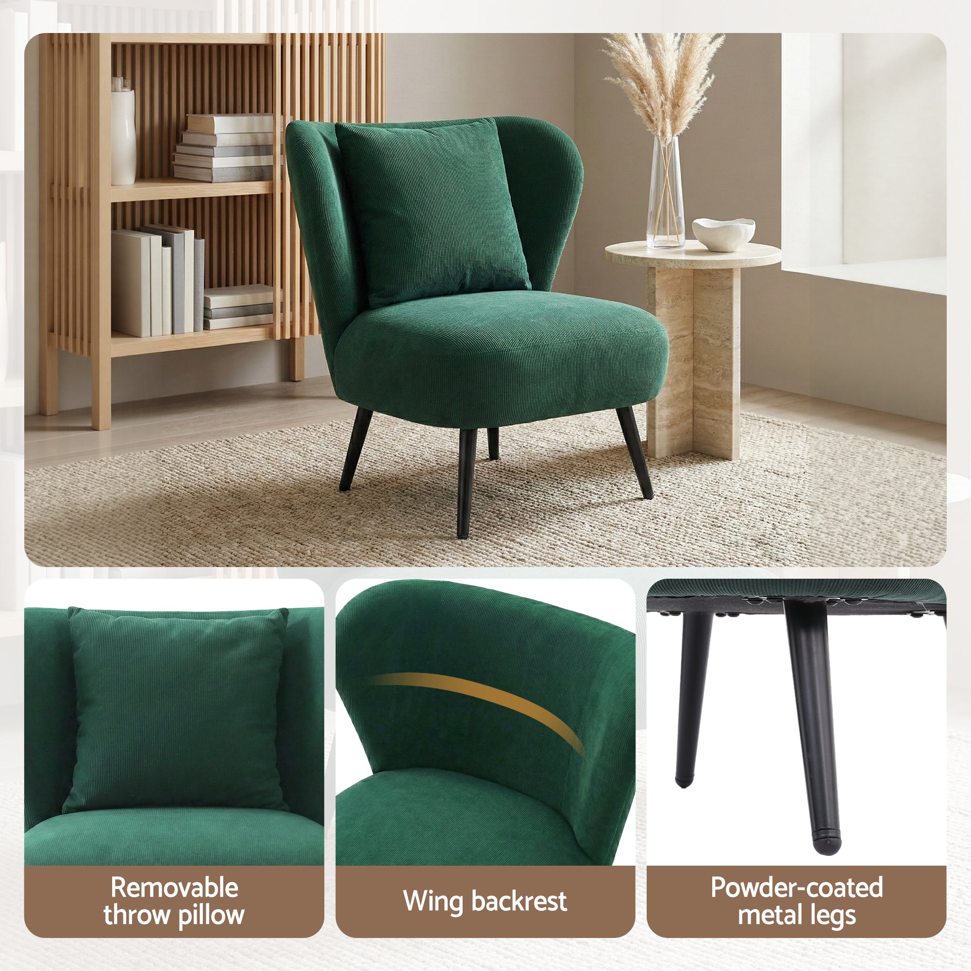 Artiss Armchair Accent Chair Lounge Tub Sofa Couch Corduroy Velvet Green UPHO-J-ARM-COR-GN
