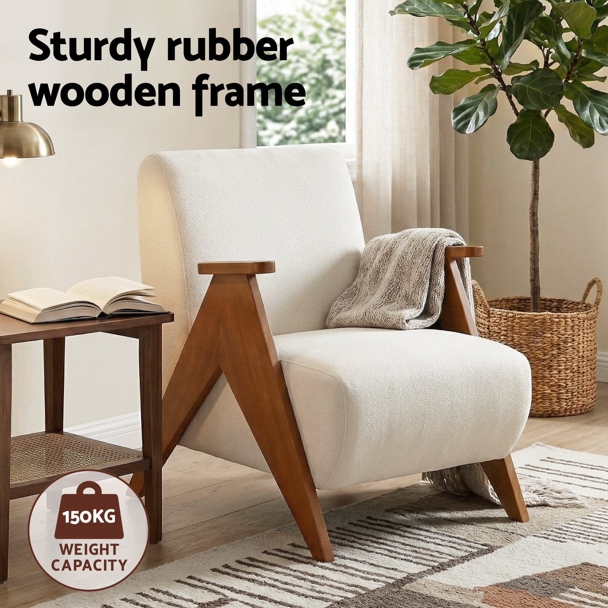 Artiss Armchair Accent Chair Sturdy Upholstered Solid Wood Chenille Fabric White UPHO-K-ARM-FB-BG