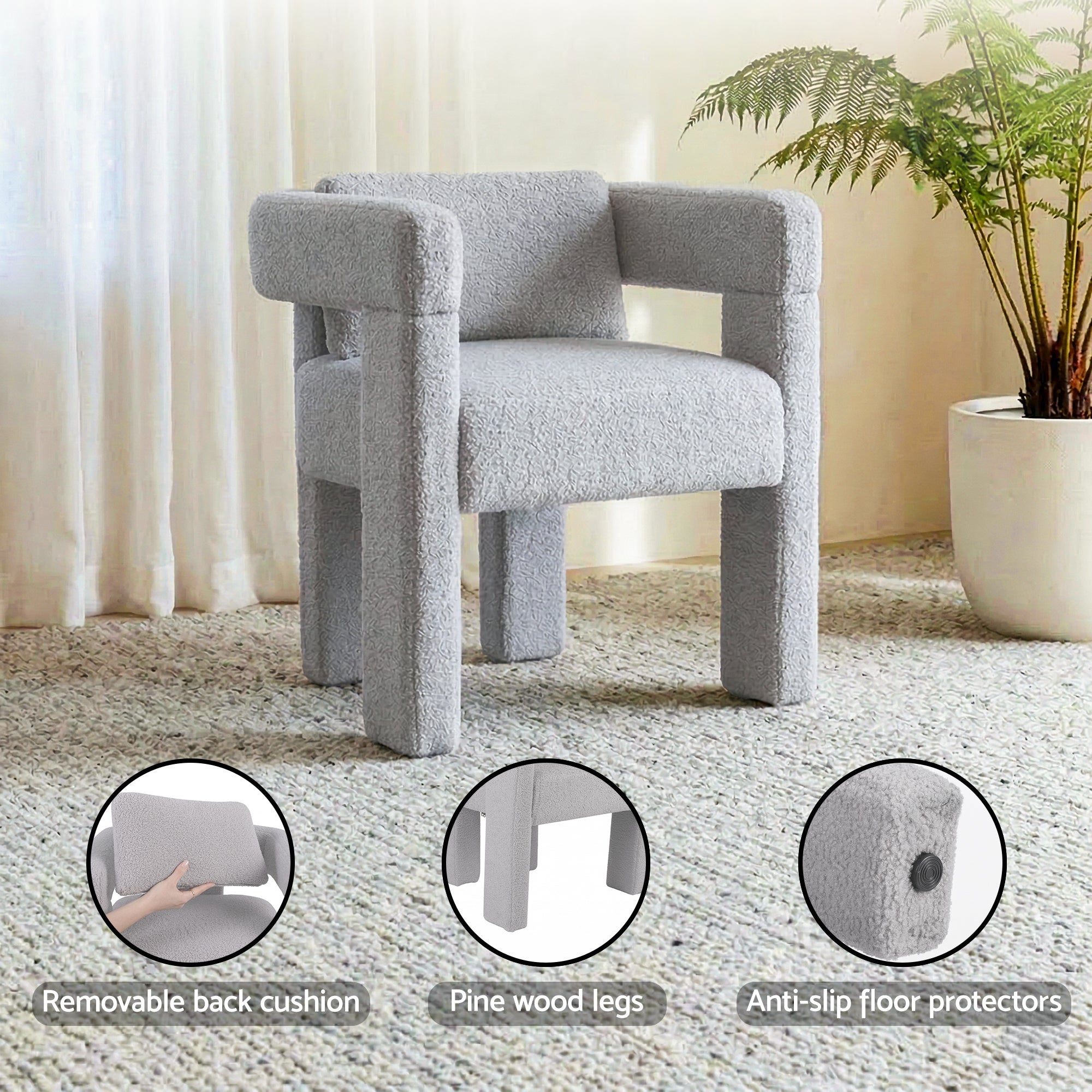 Artiss Armchair Accent Chair Lounge Sofa Couch Boucle Fabric Grey UPHO-K-ARM-TED-LG
