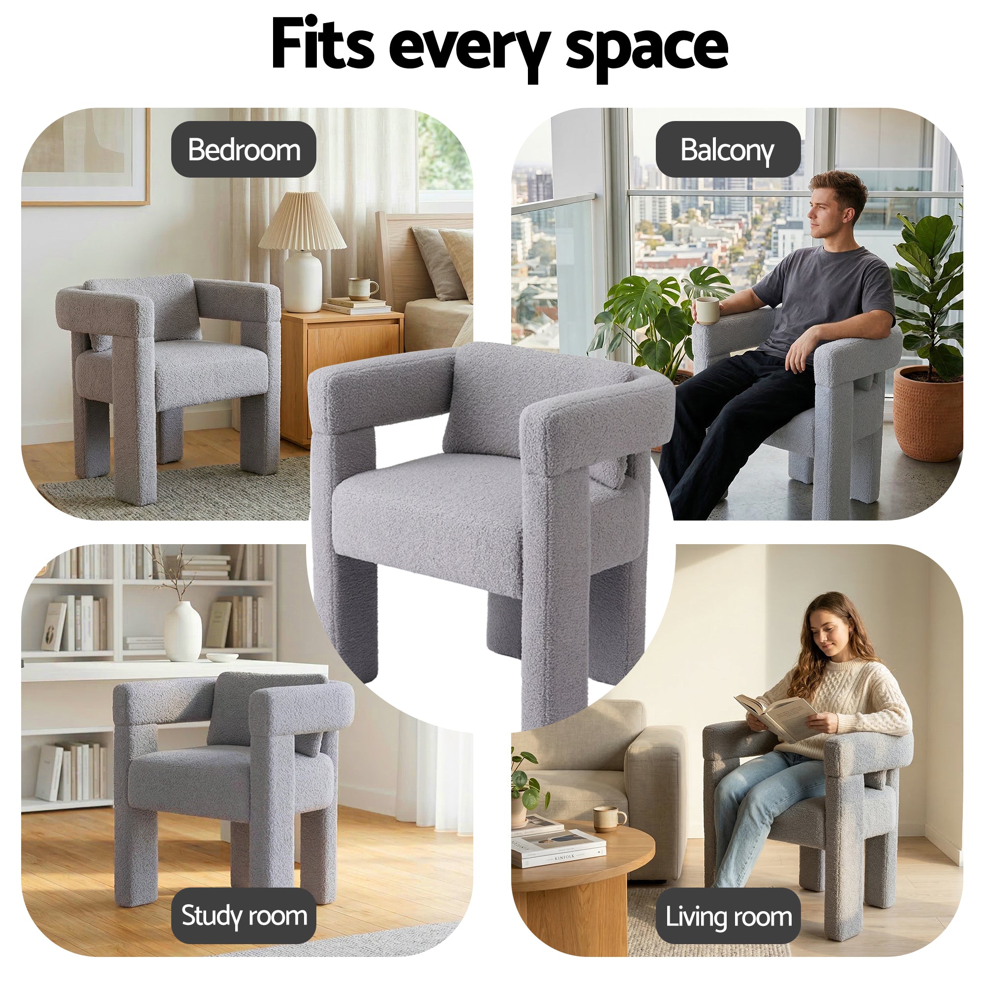 Artiss Armchair Accent Chair Lounge Sofa Couch Boucle Fabric Grey UPHO-K-ARM-TED-LG