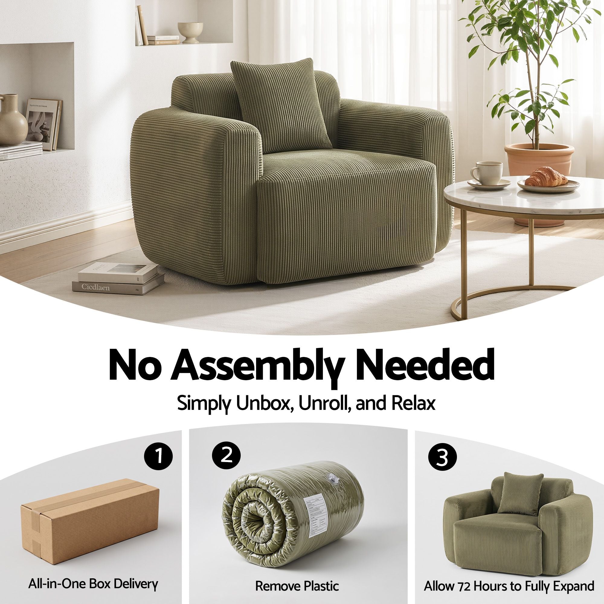 Artiss Compressed Armchair Sofa with Cushion Corduroy No Assembly Green