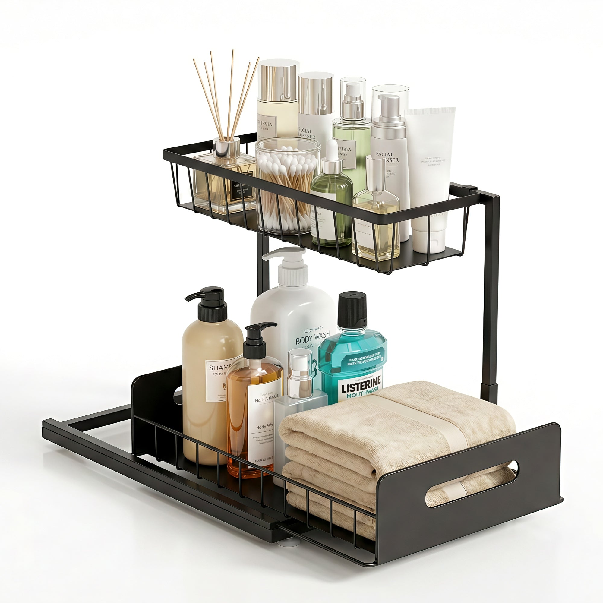 Artiss Under Sink Organizer Storage L Shape 1 Pull Out Drawers Kitchen Cabinet Shelf USS-A-IRON-BK