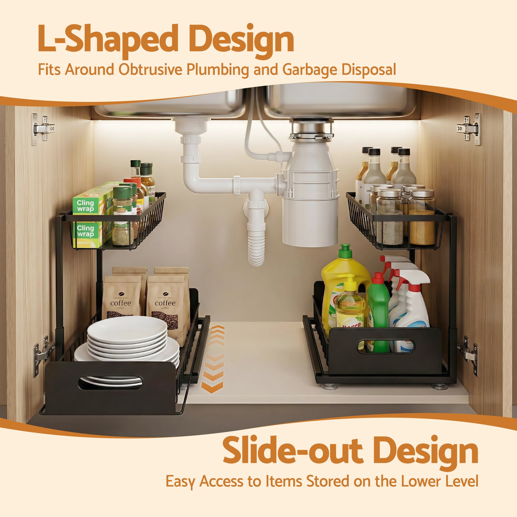 Artiss Under Sink Organizer Storage L Shape 1 Pull Out Drawers Kitchen Cabinet Shelf USS-A-IRON-BK