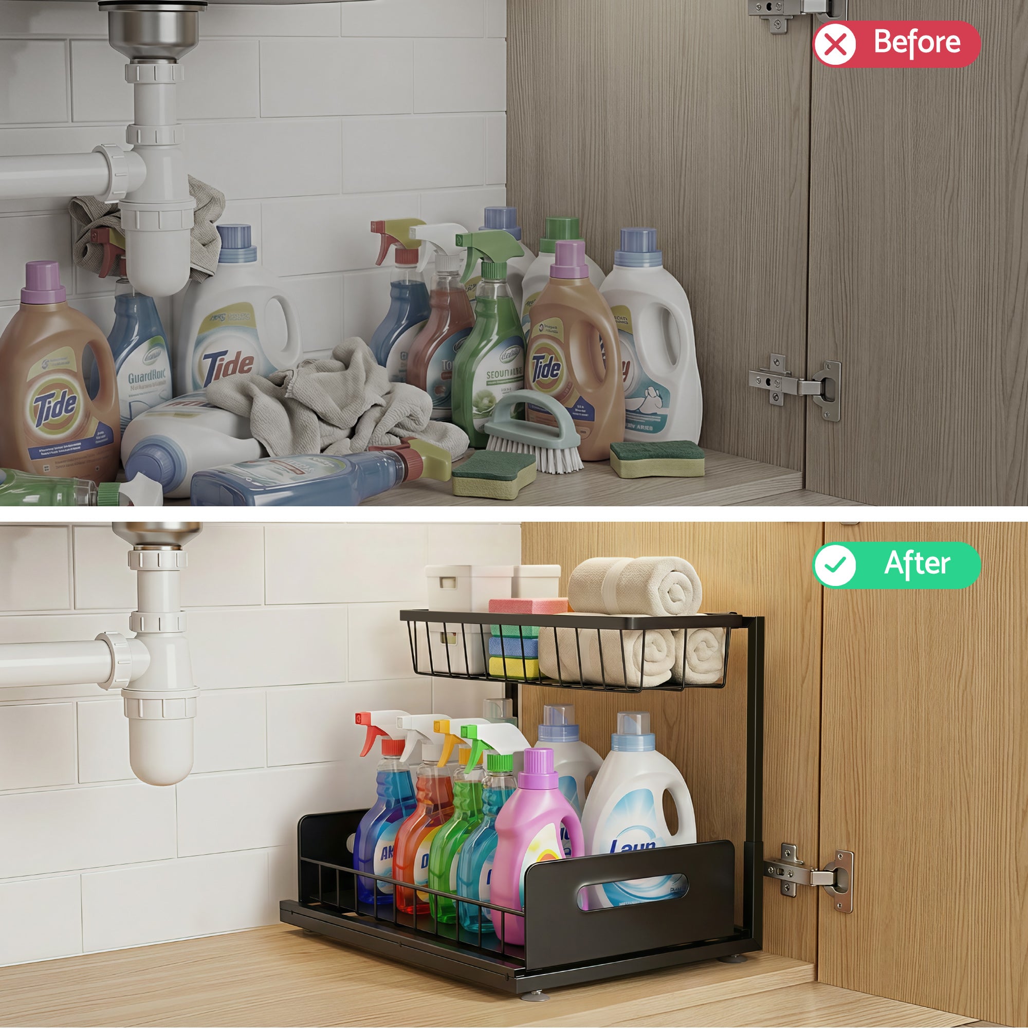 Artiss Under Sink Organizer Storage L Shape 1 Pull Out Drawers Kitchen Cabinet Shelf USS-A-IRON-BK