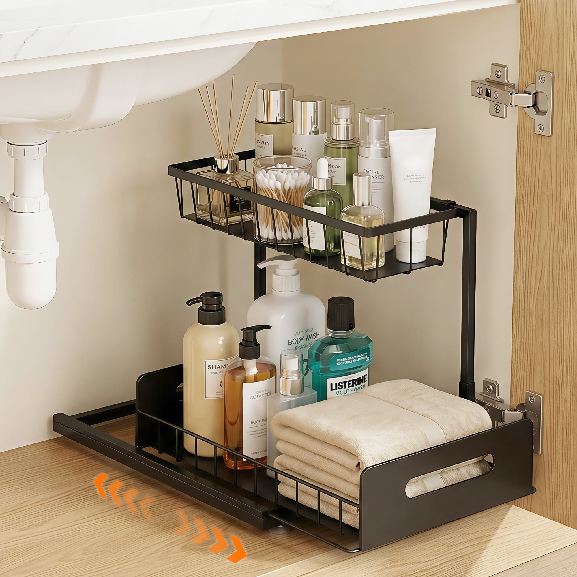 Artiss Under Sink Organizer Storage L Shape 1 Pull Out Drawers Kitchen Cabinet Shelf USS-A-IRON-BK