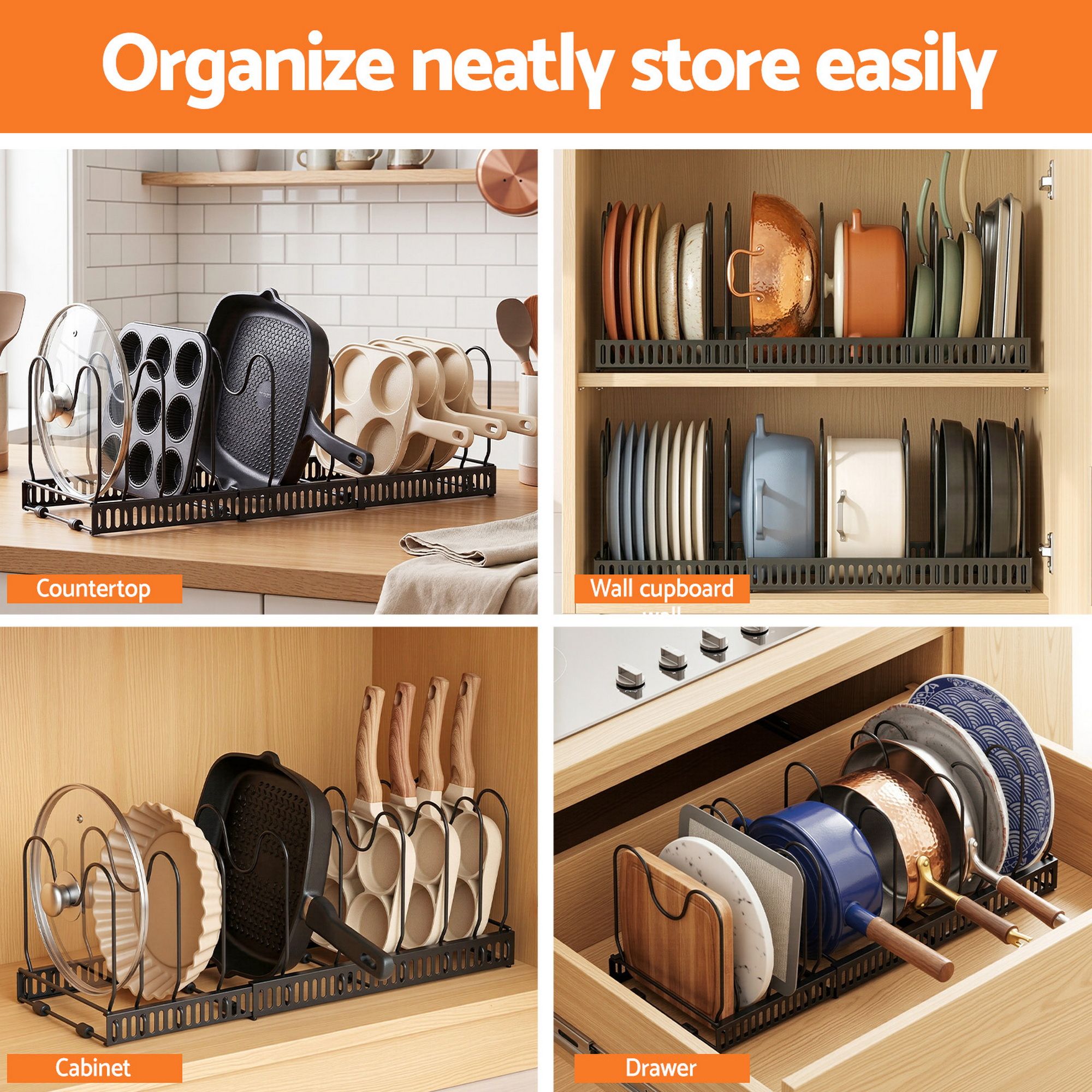 Artiss Expandable Pots and Pans Organizer Rack Cookware Holder Kitchen Cabinet Rack USS-A-PAN-BK