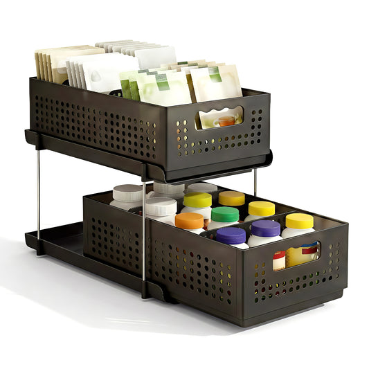 Artiss Under Sink Organizer 2 Tier Pull Out Drawer with Removable Baskets & Divider USS-A-PP-BK
