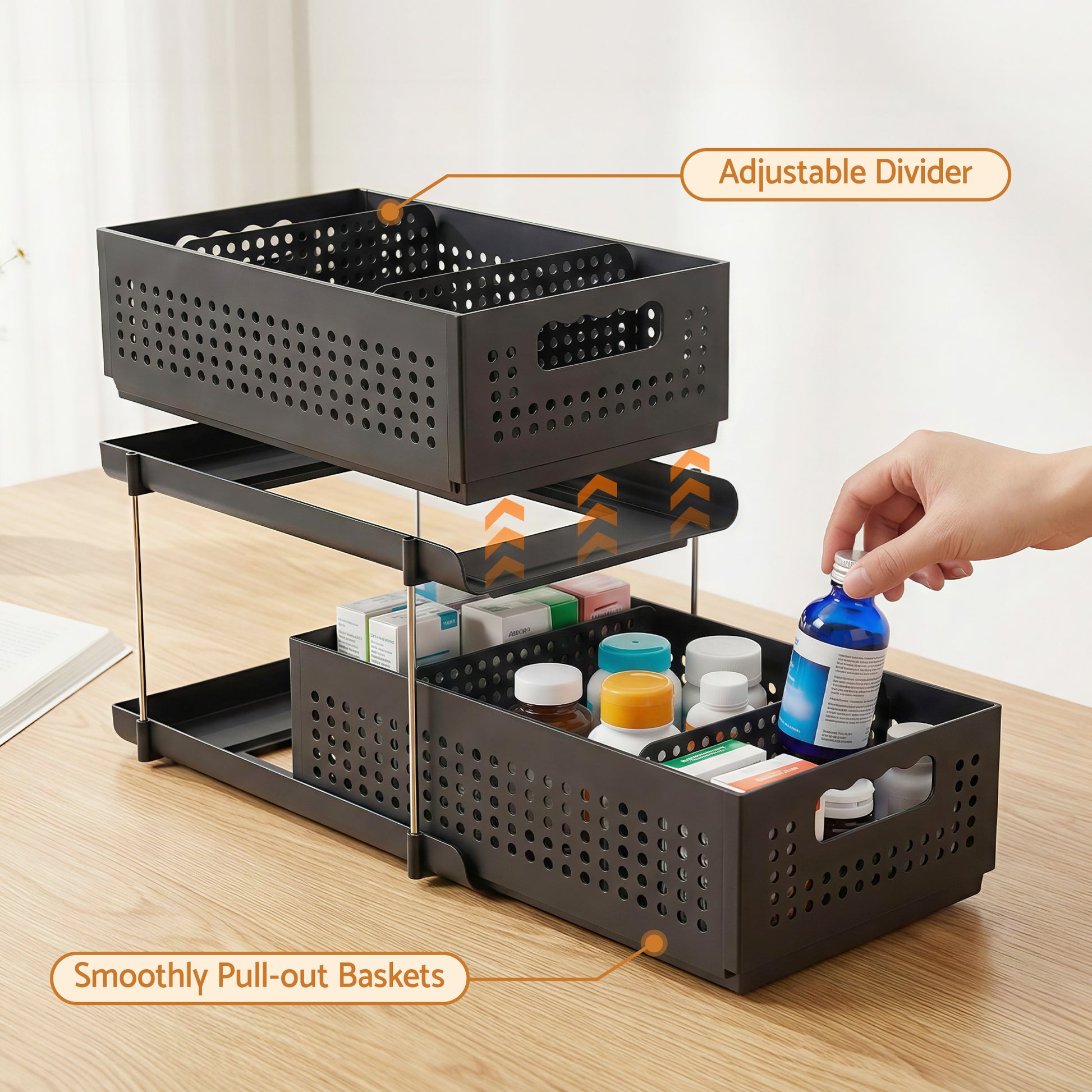 Artiss Under Sink Organizer 2 Tier Pull Out Drawer with Removable Baskets & Divider USS-A-PP-BK