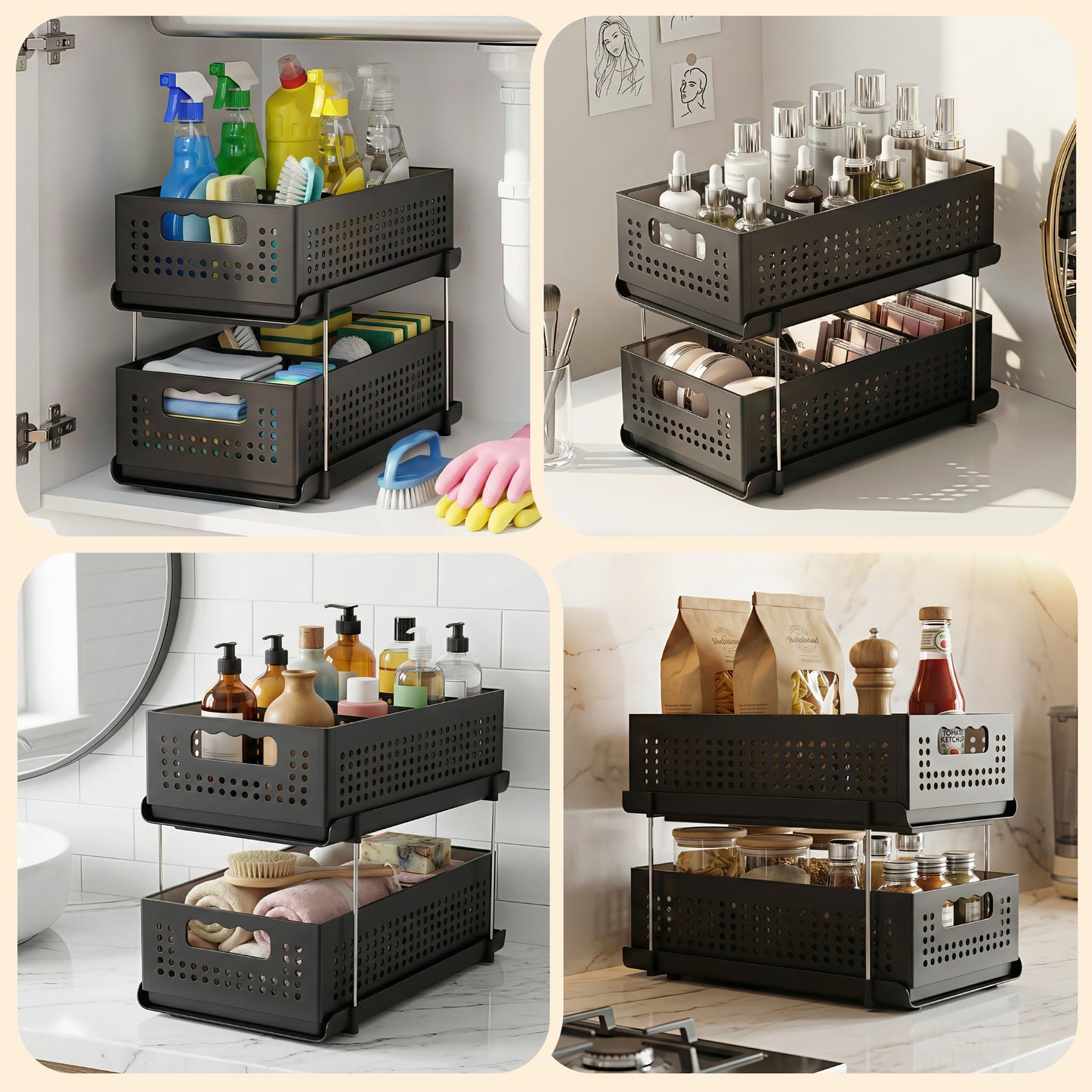 Artiss Under Sink Organizer 2 Tier Pull Out Drawer with Removable Baskets & Divider USS-A-PP-BK