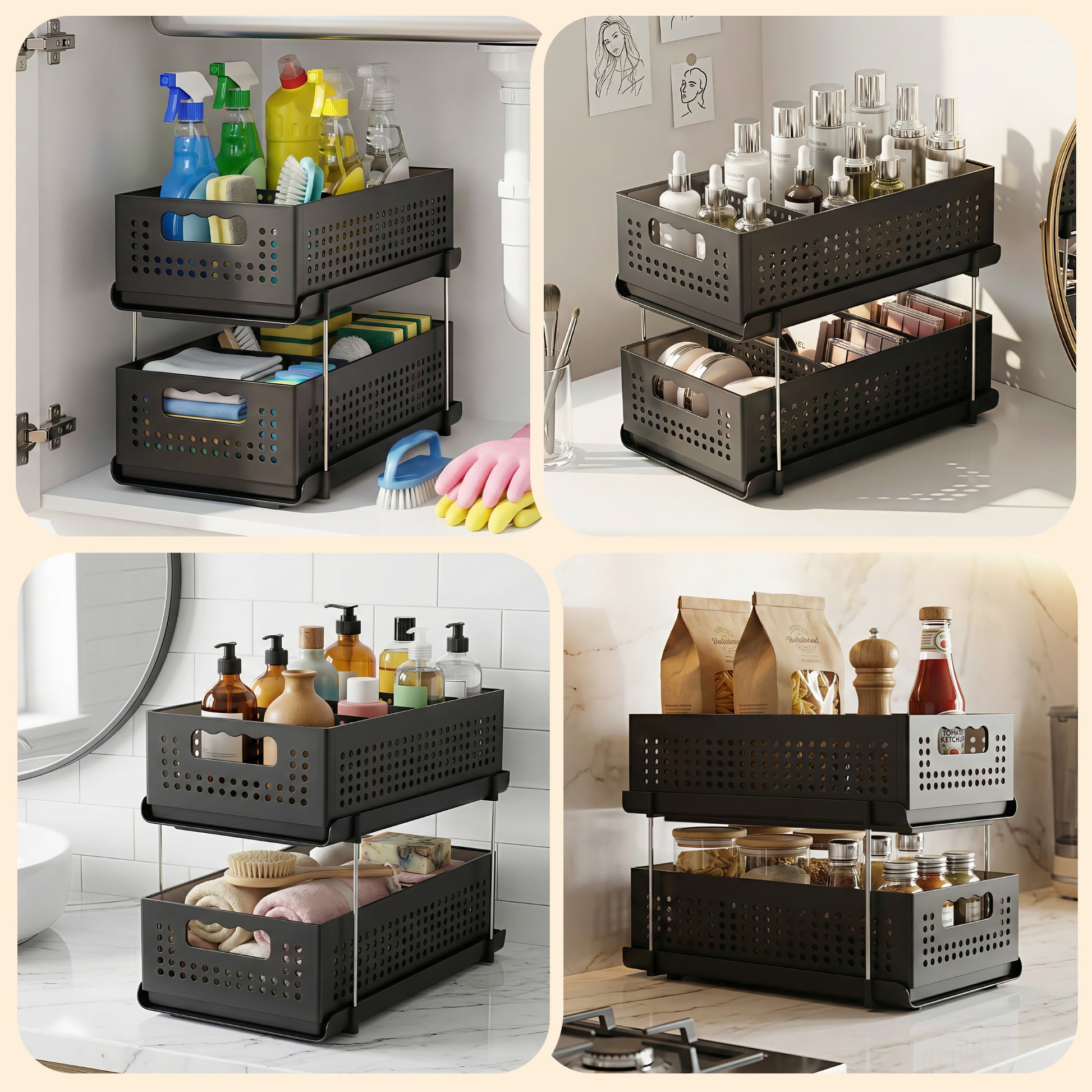 Artiss Under Sink Organizer 2 Tier Pull Out Drawer with Removable Baskets & Divider USS-A-PP-BK