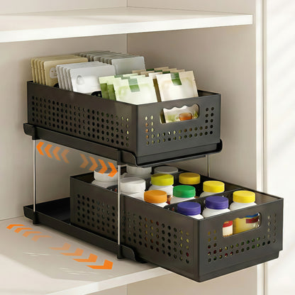 Artiss Under Sink Organizer 2 Tier Pull Out Drawer with Removable Baskets & Divider USS-A-PP-BK