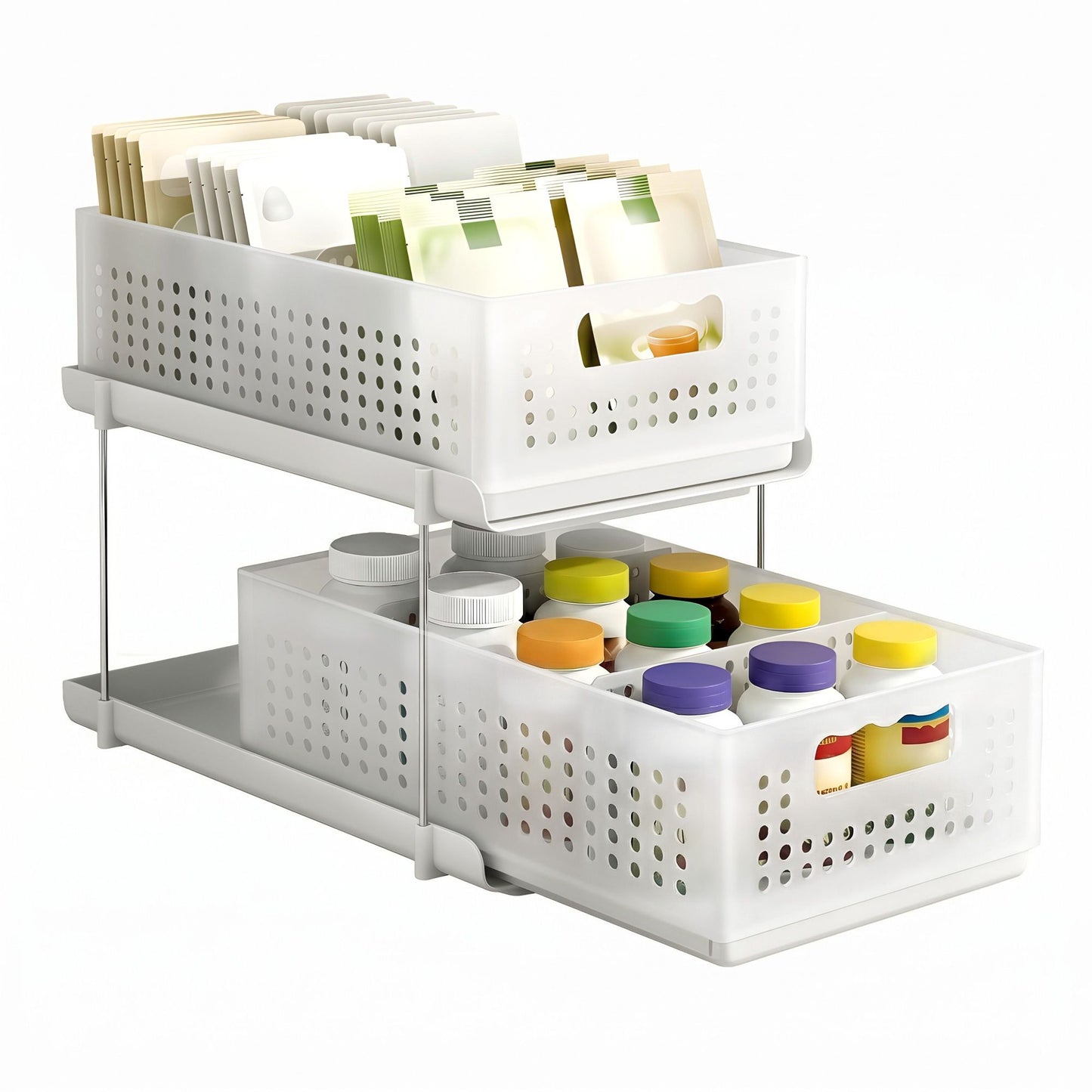 Artiss Under Sink Organizer 2 Tier Pull Out Drawer with Removable Baskets & Divider White USS-A-PP-WH