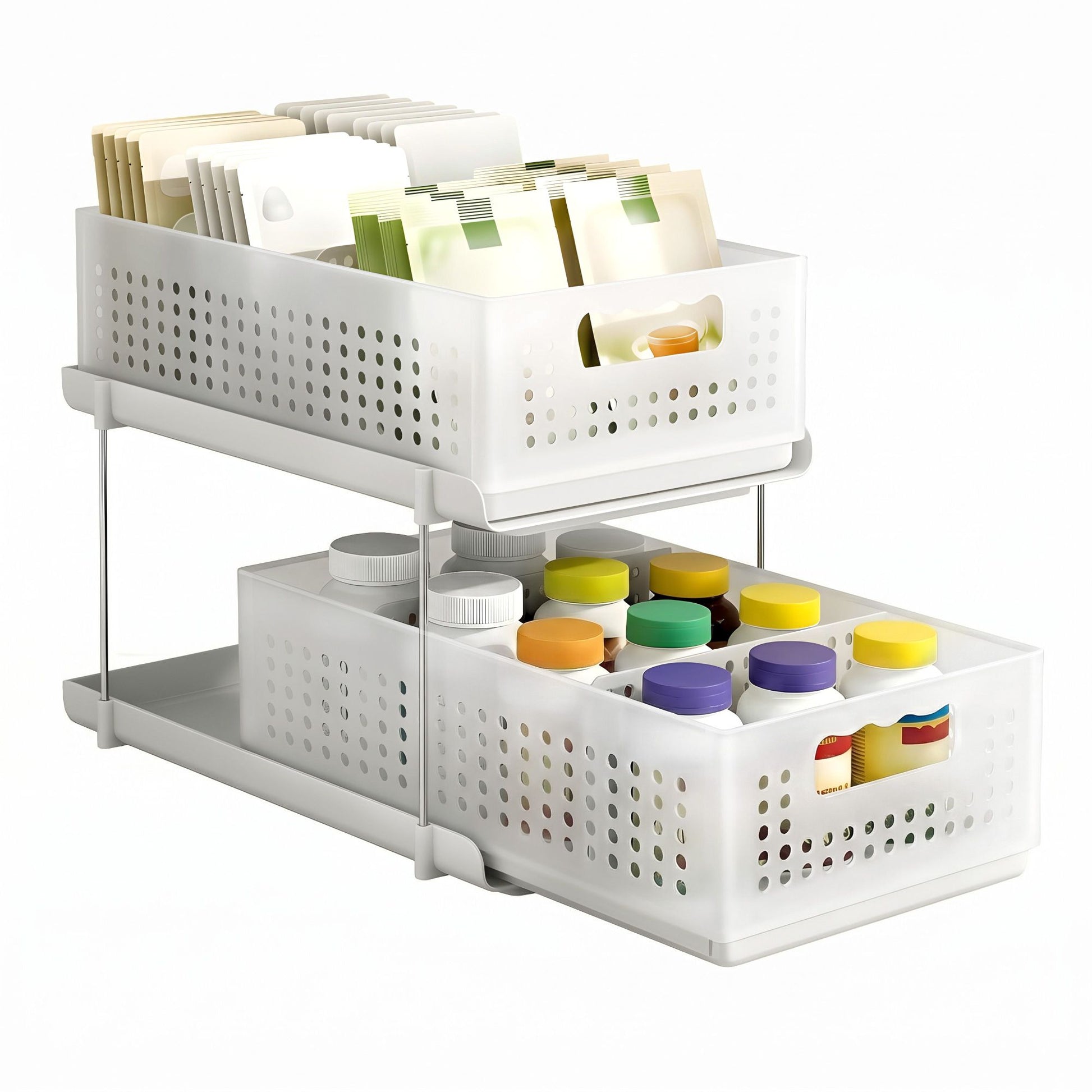 Artiss Under Sink Organizer 2 Tier Pull Out Drawer with Removable Baskets & Divider White USS-A-PP-WH