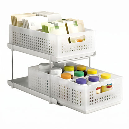 Artiss Under Sink Organizer 2 Tier Pull Out Drawer with Removable Baskets & Divider White USS-A-PP-WH