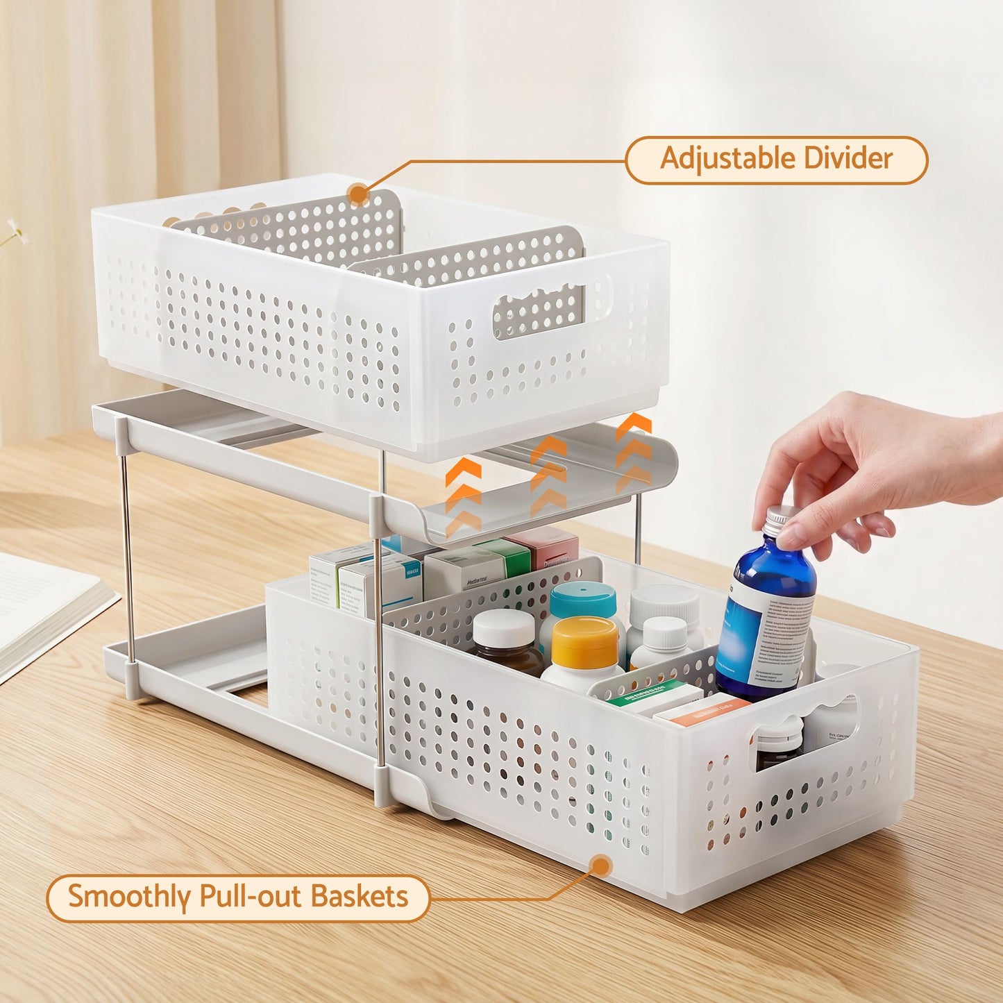 Artiss Under Sink Organizer 2 Tier Pull Out Drawer with Removable Baskets & Divider White USS-A-PP-WH