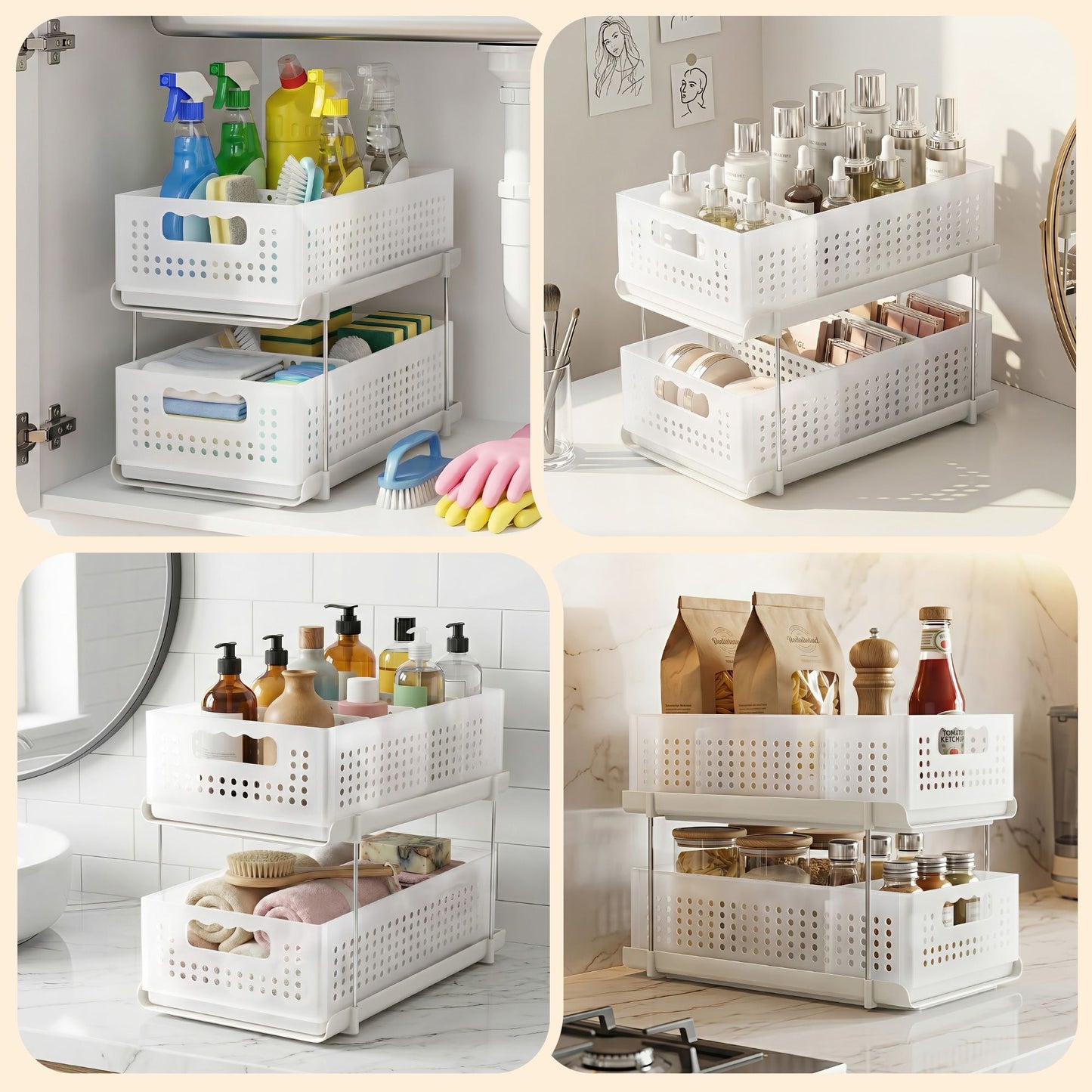 Artiss Under Sink Organizer 2 Tier Pull Out Drawer with Removable Baskets & Divider White USS-A-PP-WH