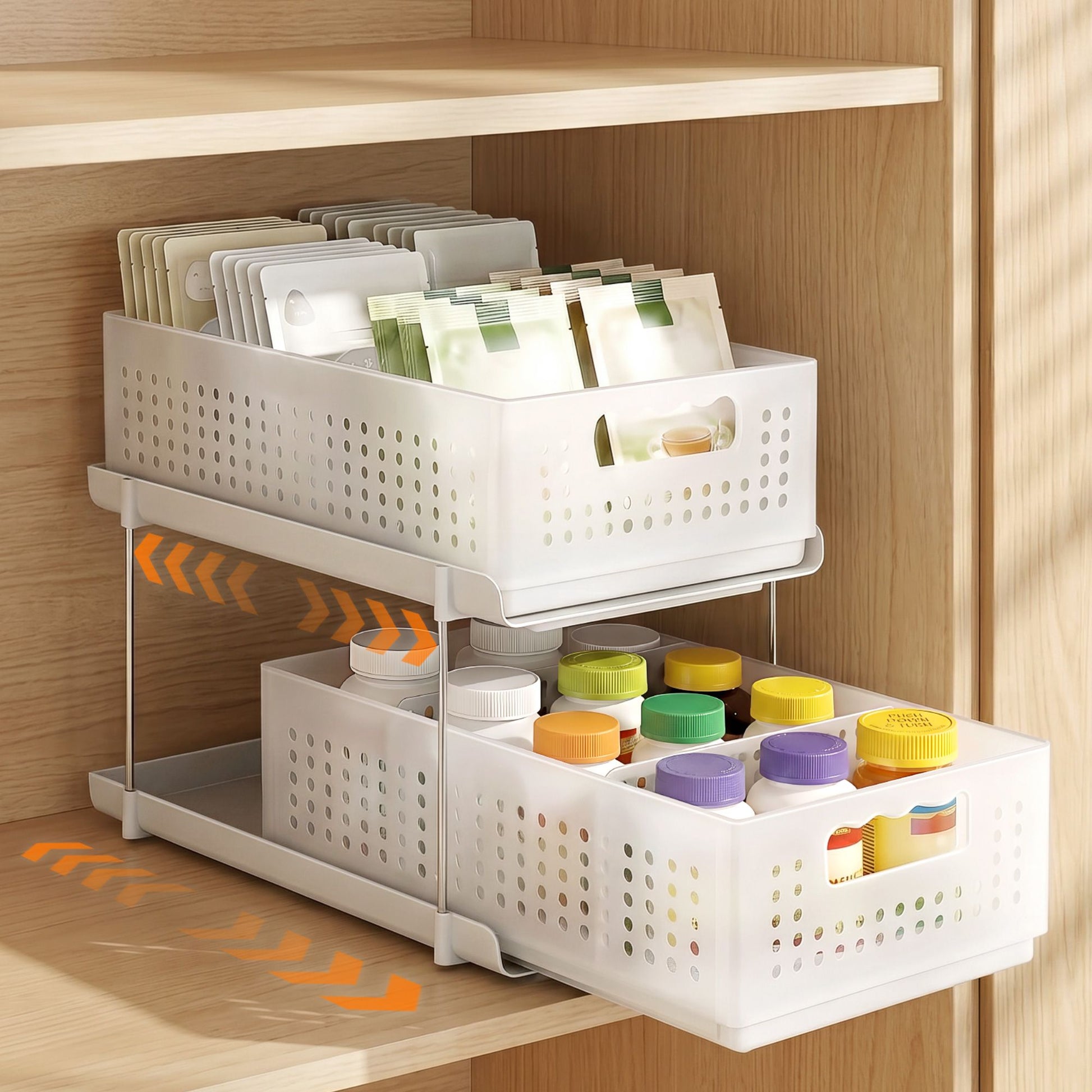 Artiss Under Sink Organizer 2 Tier Pull Out Drawer with Removable Baskets & Divider White USS-A-PP-WH