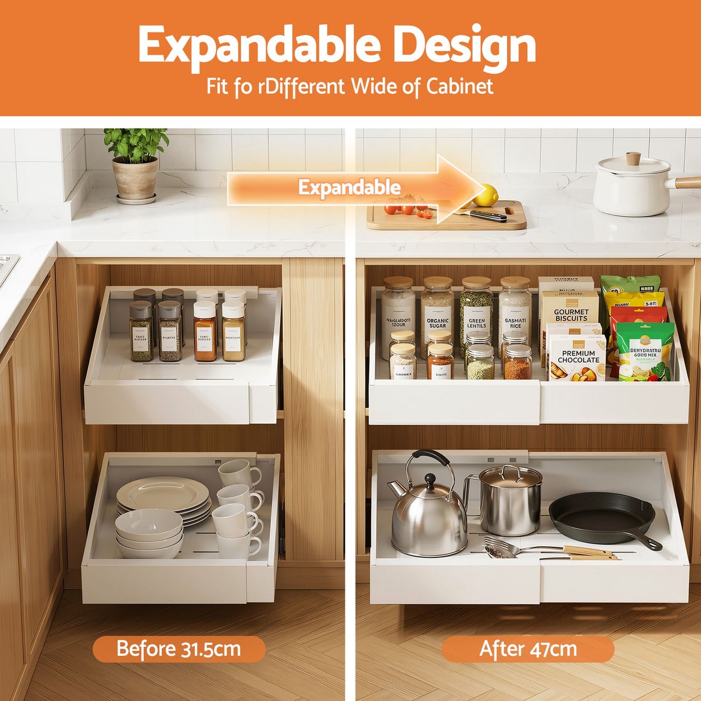 Artiss 2 Pack Pull Out Drawers for Cabinets Expandable Cabinet Organizer White USS-A-PULL-PL-WH