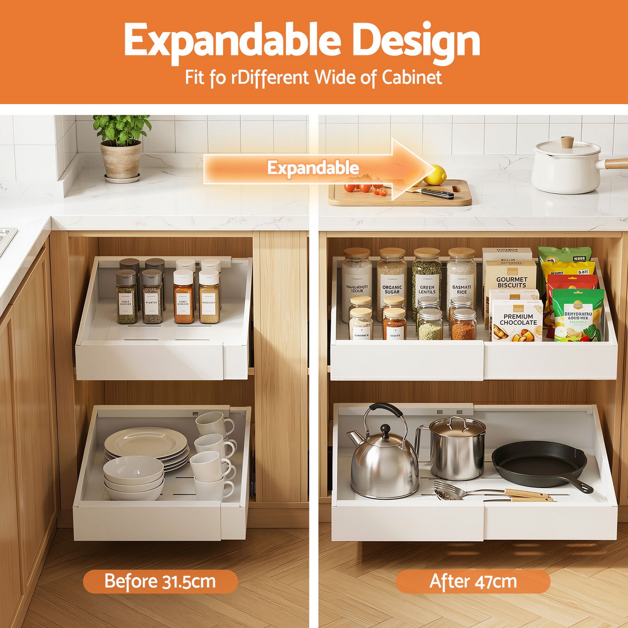 Artiss 2 Pack Pull Out Drawers for Cabinets Expandable Cabinet Organizer White USS-A-PULL-PL-WH