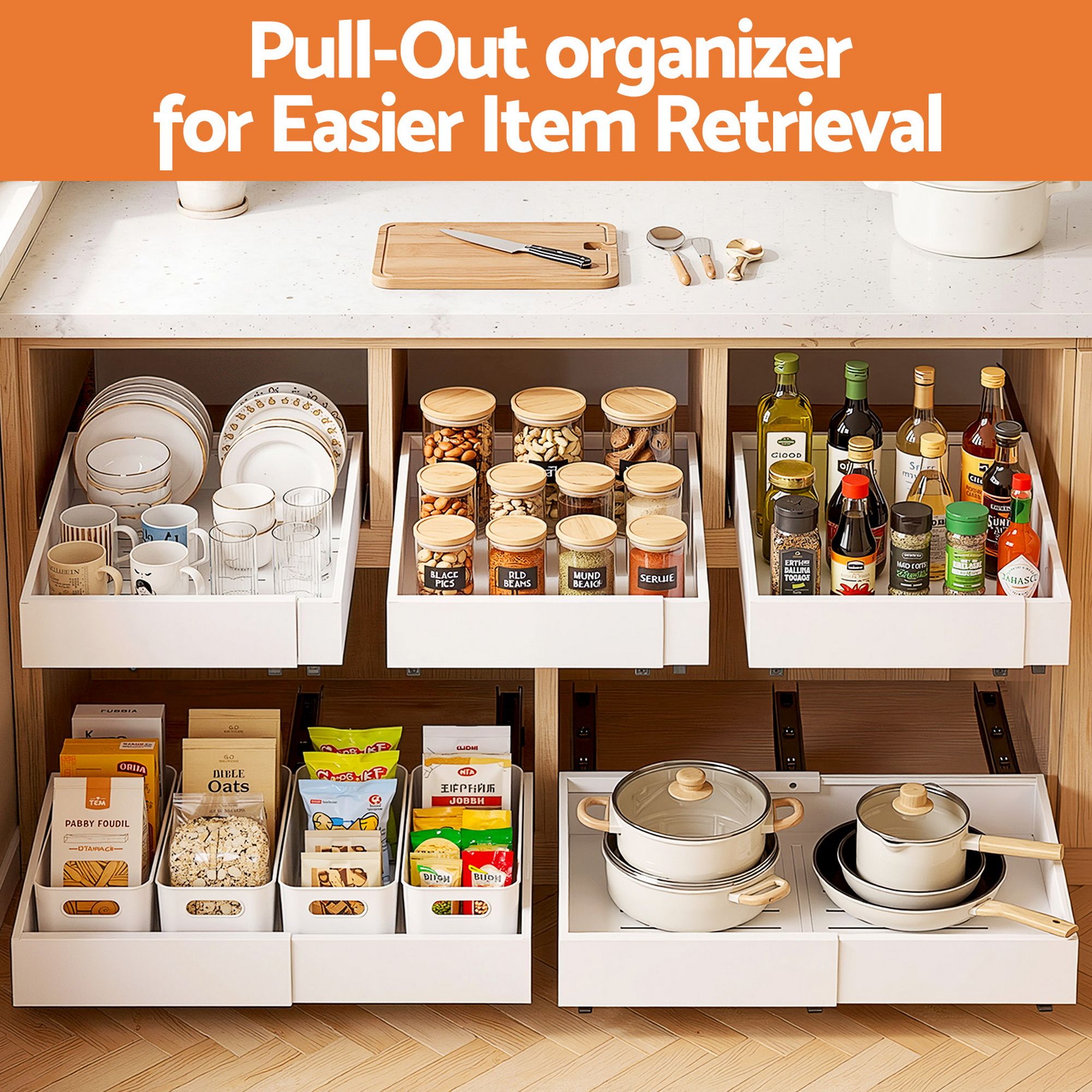 Artiss 2 Pack Pull Out Drawers for Cabinets Expandable Cabinet Organizer White USS-A-PULL-PL-WH