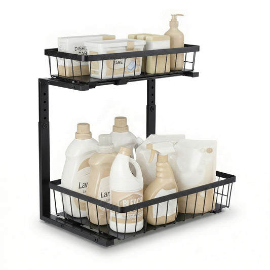 Artiss Under Sink Organizer Storage with 2 Slide Out Drawers 5 Adjustable Height Bathroom Kitchen Cabinet USS-A-STEEL-BK