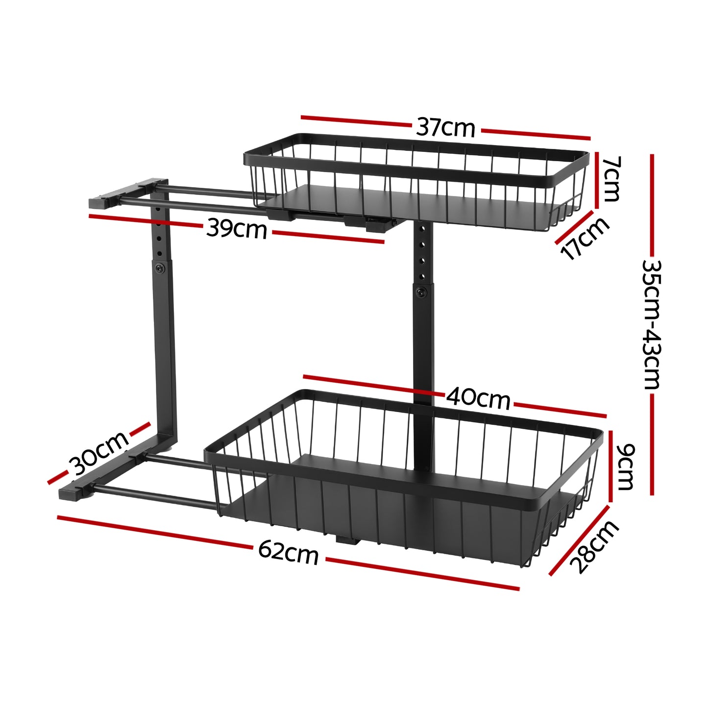 Artiss Under Sink Organizer Storage with 2 Slide Out Drawers 5 Adjustable Height Bathroom Kitchen Cabinet USS-A-STEEL-BK