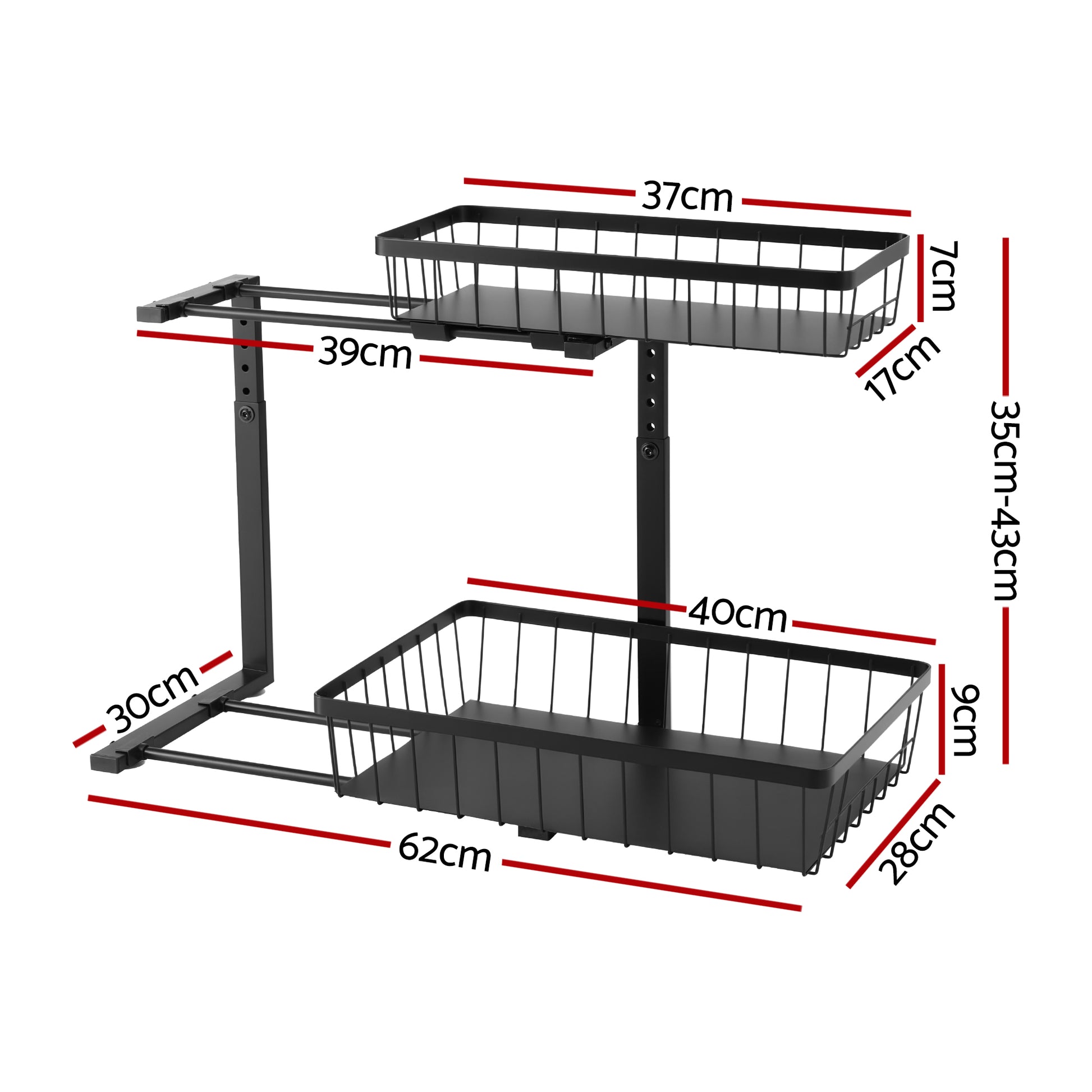 Artiss Under Sink Organizer Storage with 2 Slide Out Drawers 5 Adjustable Height Bathroom Kitchen Cabinet USS-A-STEEL-BK